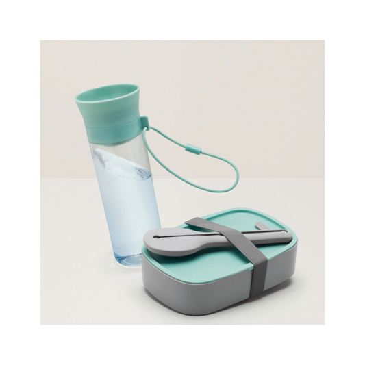 LEO LUNCH SET WITH WATER BOTTLE FLATWARE AND BENTO BOX - (GREY AND GREEN)