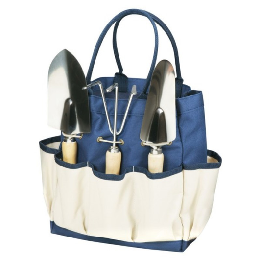 GARDEN TOTE WITH TOOLS - (NAVY BLUE WITH BEIGE ACCENTS)